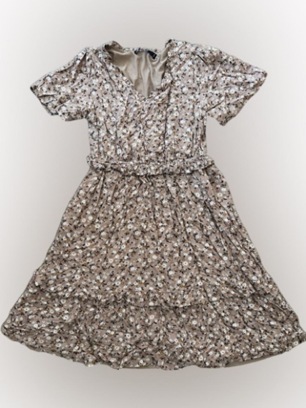 Mikarose Tiered Mini Oatmeal Brown Floral Dress